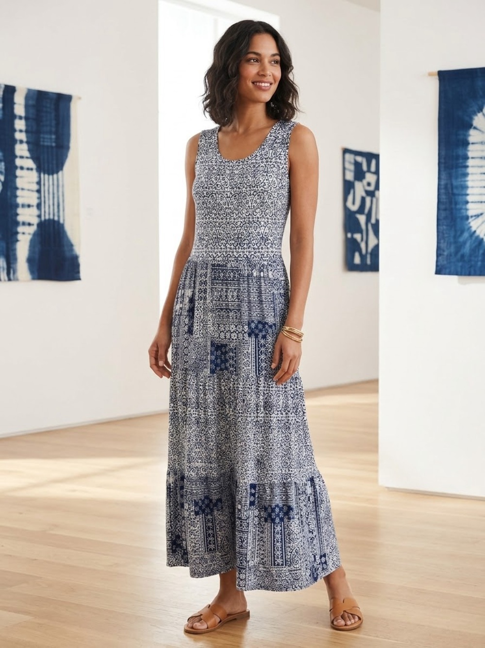 ⁠NWT Lands' End Women's M Blue Paisley Patchwork Tiered Maxi Dress Tencel
